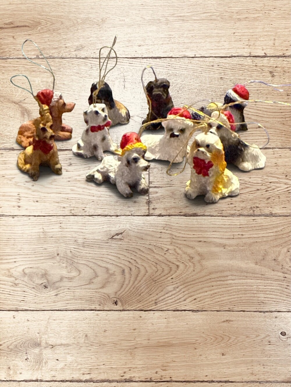 intage Dog Christmas Ornaments Lot 10 Mini Resin Santa Hats Kitschmas Retro